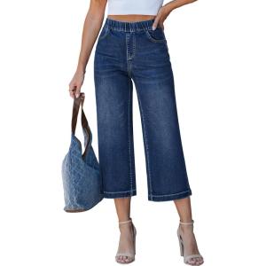 LookbookStore Capri Jeans for Women Wide Leg Trendy High Waisted Pull On Elastic Waist Summer Stretch Denim Capris Pants(Classic Blue)