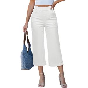 LookbookStore Capri Jeans for Women Wide Leg Trendy High Waisted Pull On Elastic Waist Summer Stretch Denim Capris Pants(Cream White)