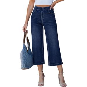 LookbookStore Capri Jeans for Women Wide Leg Trendy High Waisted Pull On Elastic Waist Summer Stretch Denim Capris Pants(Darkness Blue)