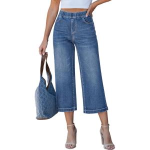 LookbookStore Capri Jeans for Women Wide Leg Trendy High Waisted Pull On Elastic Waist Summer Stretch Denim Capris Pants(Medium Blue)