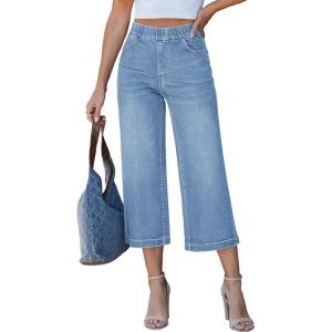 LookbookStore Capri Jeans for Women Wide Leg Trendy High Waisted Pull On Elastic Waist Summer Stretch Denim Capris Pants(Powder Blue)