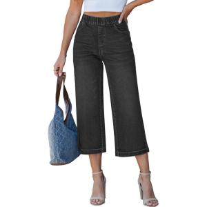 LookbookStore Capri Jeans for Women Wide Leg Trendy High Waisted Pull On Elastic Waist Summer Stretch Denim Capris Pants(Washed Black)
