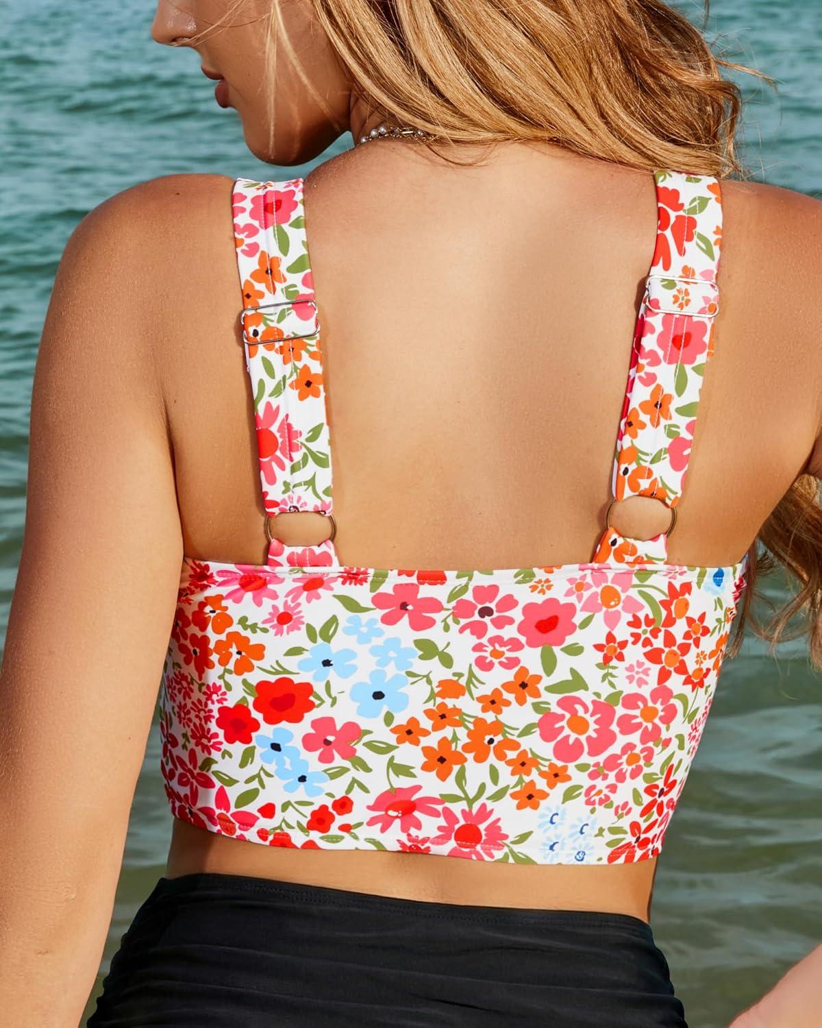 imageLookbookStore Bikini Top for Women Floral Cut Out Cropped Tankini Tops Twist Knot Padded Bathing Suit Swimsuit Tops OnlyBlooming Floral