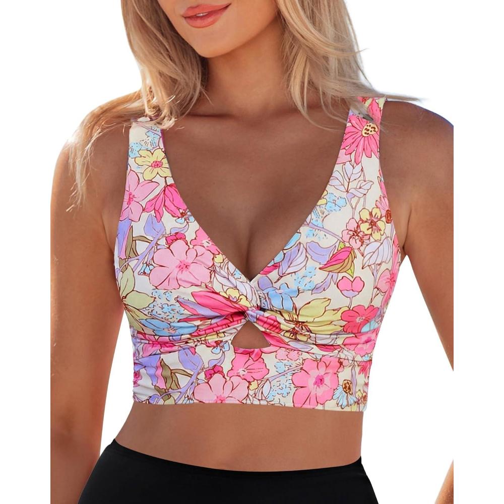 imageLookbookStore Bikini Top for Women Floral Cut Out Cropped Tankini Tops Twist Knot Padded Bathing Suit Swimsuit Tops OnlyPurple Floral