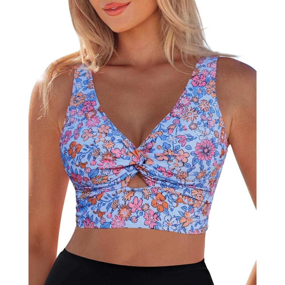 imageLookbookStore Bikini Top for Women Floral Cut Out Cropped Tankini Tops Twist Knot Padded Bathing Suit Swimsuit Tops OnlyWhite Floral