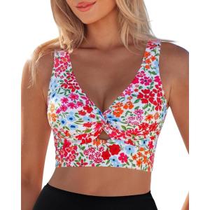 LookbookStore Bikini Top for Women Floral Cut Out Cropped Tankini Tops Twist Knot Padded Bathing Suit Swimsuit Tops Only(Blooming Floral)