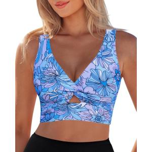 LookbookStore Bikini Top for Women Floral Cut Out Cropped Tankini Tops Twist Knot Padded Bathing Suit Swimsuit Tops Only(Blue Floral)