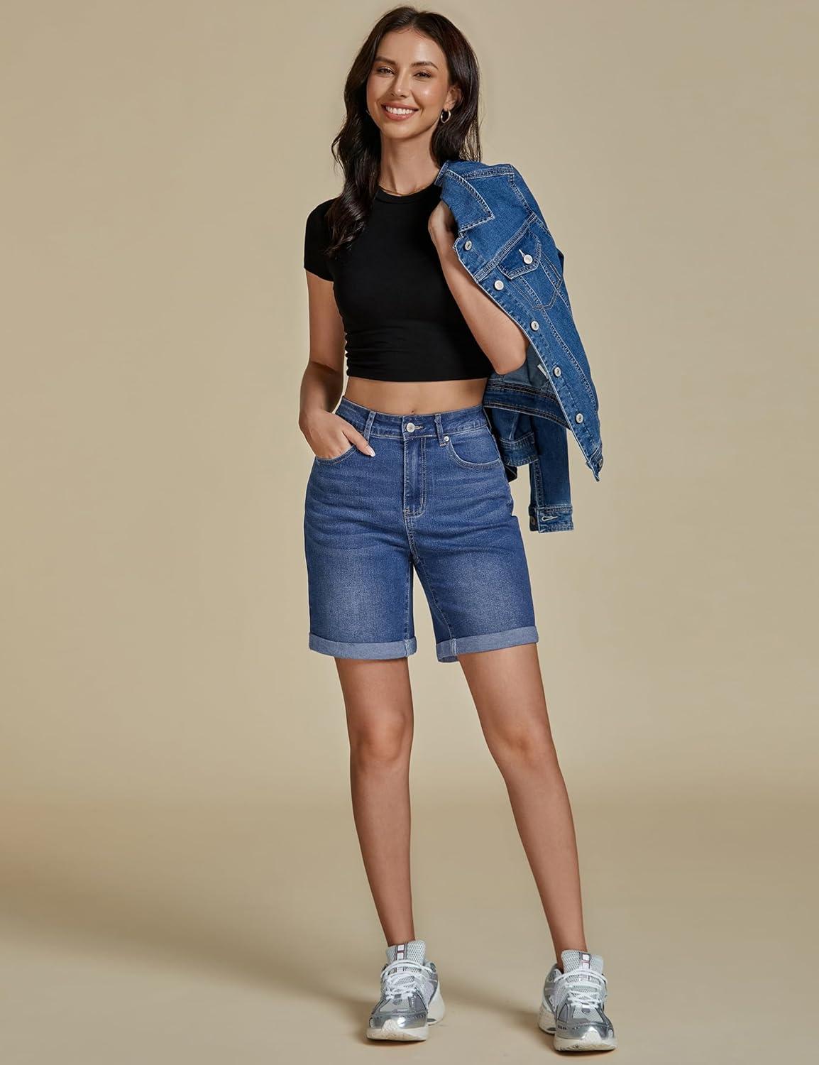 imageLookbookStore Jean Shorts for Womens High Waisted Stretchy Summer Denim Shorts 7 Inch Inseam Cuffed Long JortsClassic Blue