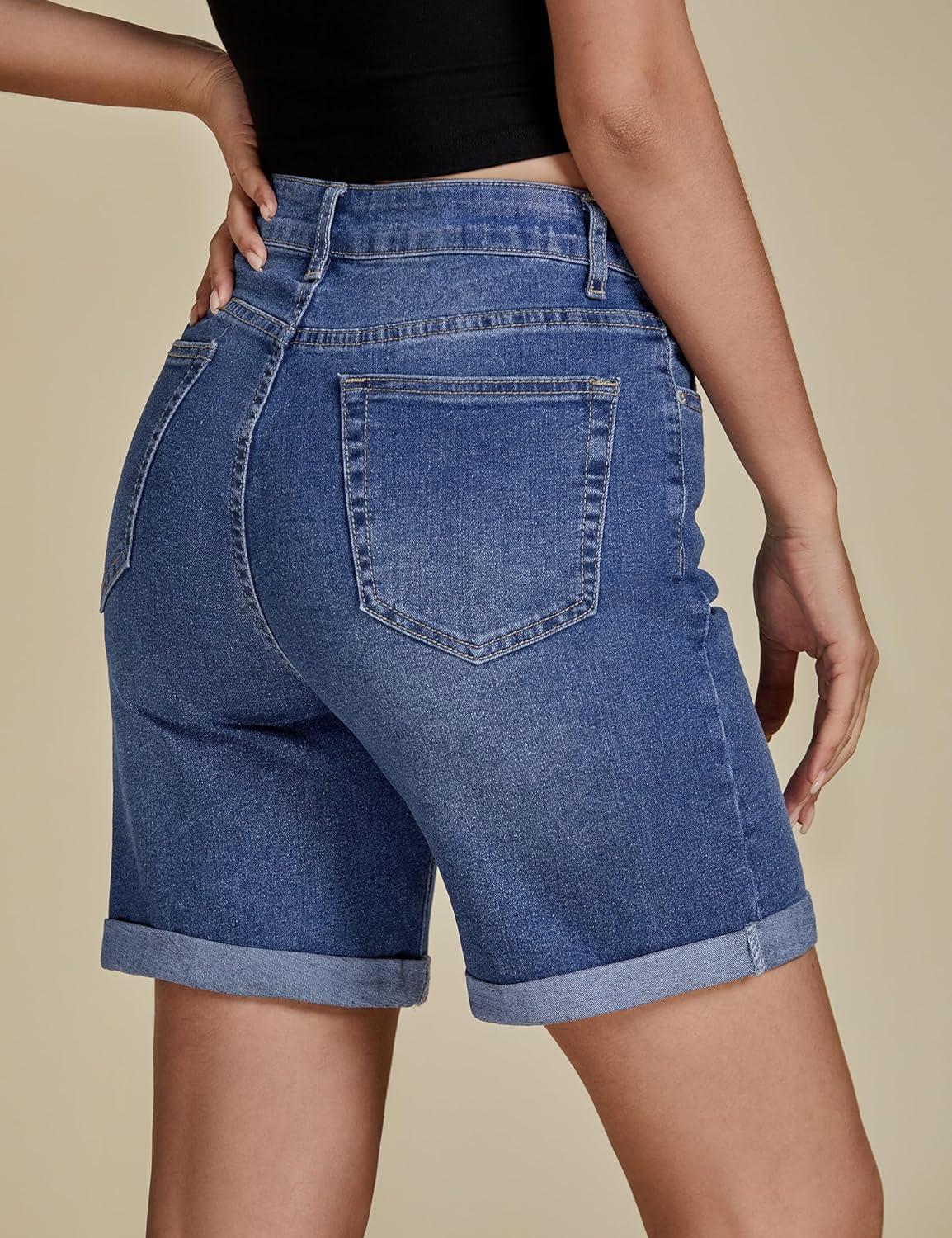 imageLookbookStore Jean Shorts for Womens High Waisted Stretchy Summer Denim Shorts 7 Inch Inseam Cuffed Long JortsClassic Blue