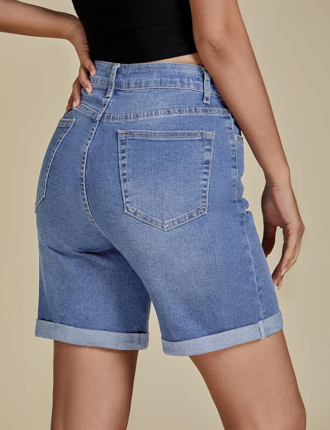 imageLookbookStore Jean Shorts for Womens High Waisted Stretchy Summer Denim Shorts 7 Inch Inseam Cuffed Long JortsMedium Blue