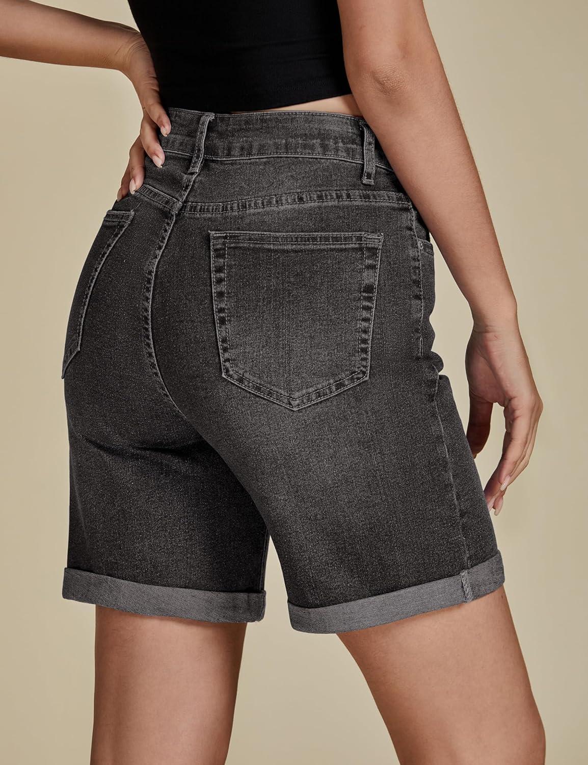 imageLookbookStore Jean Shorts for Womens High Waisted Stretchy Summer Denim Shorts 7 Inch Inseam Cuffed Long JortsWashed Black