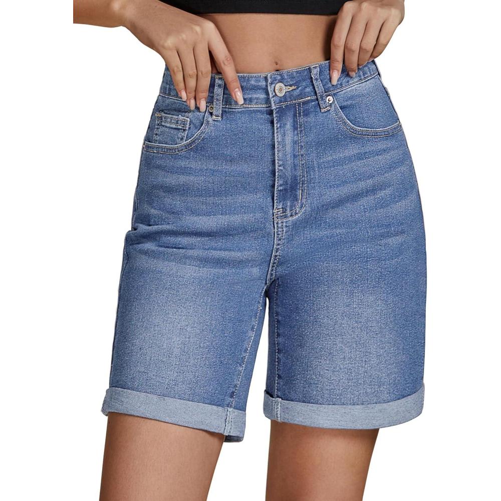 imageLookbookStore Jean Shorts for Womens High Waisted Stretchy Summer Denim Shorts 7 Inch Inseam Cuffed Long JortsMedium Blue
