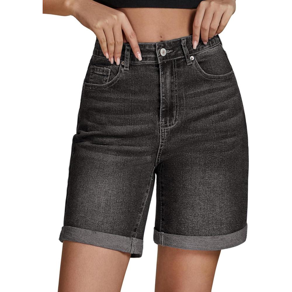 imageLookbookStore Jean Shorts for Womens High Waisted Stretchy Summer Denim Shorts 7 Inch Inseam Cuffed Long JortsWashed Black