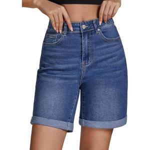 LookbookStore Jean Shorts for Womens High Waisted Stretchy Summer Denim Shorts 7 Inch Inseam Cuffed Long Jorts(Classic Blue)