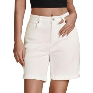 LookbookStore Jean Shorts for Womens High Waisted Stretchy Summer Denim Shorts 7 Inch Inseam Cuffed Long Jorts(Cream White)