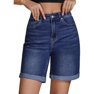 LookbookStore Jean Shorts for Womens High Waisted Stretchy Summer Denim Shorts 7 Inch Inseam Cuffed Long Jorts(Dark Blue)