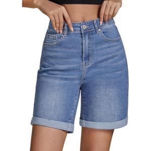 LookbookStore Jean Shorts for Womens High Waisted Stretchy Summer Denim Shorts 7 Inch Inseam Cuffed Long Jorts(Medium Blue)
