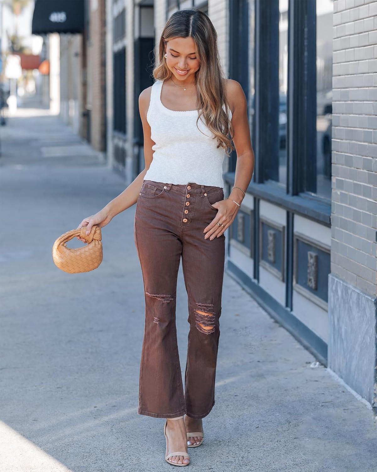 imageLookbookStore High Waisted Ripped Flare Jeans for Women Distressed Bell Bottom Jeans Wide Leg PantsChocolate Brown