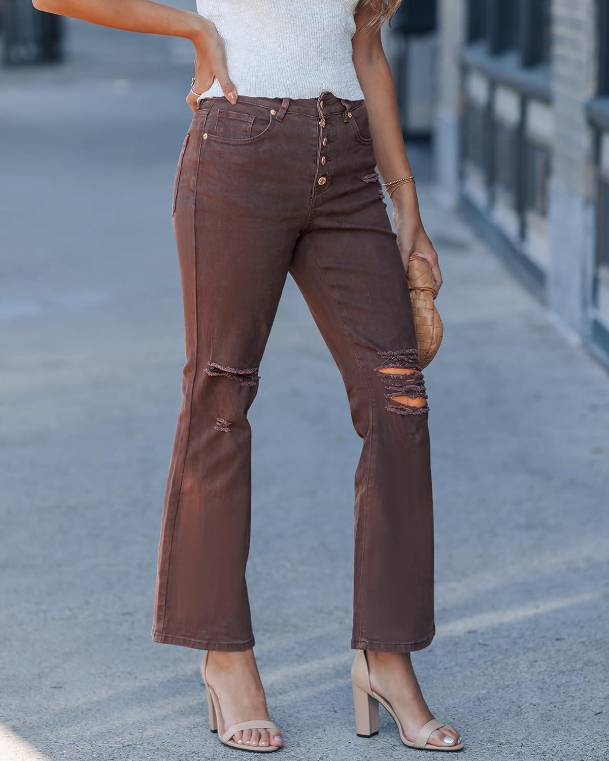 imageLookbookStore High Waisted Ripped Flare Jeans for Women Distressed Bell Bottom Jeans Wide Leg PantsChocolate Brown