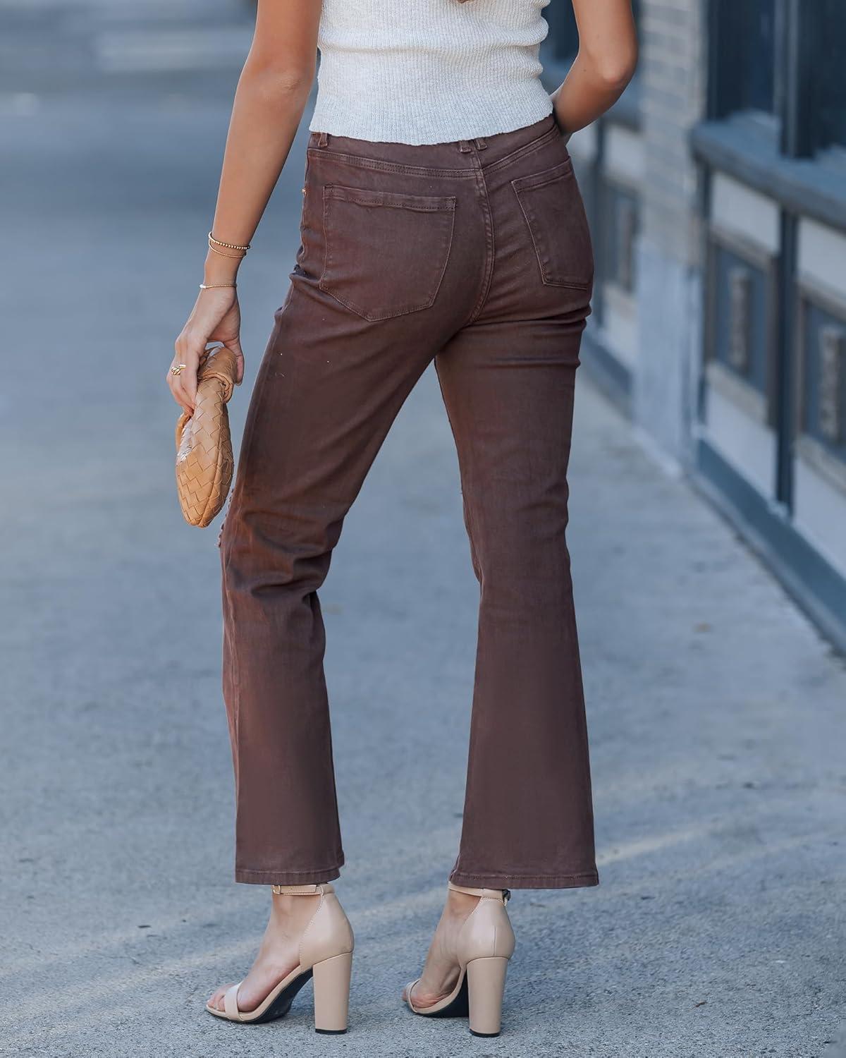 imageLookbookStore High Waisted Ripped Flare Jeans for Women Distressed Bell Bottom Jeans Wide Leg PantsChocolate Brown