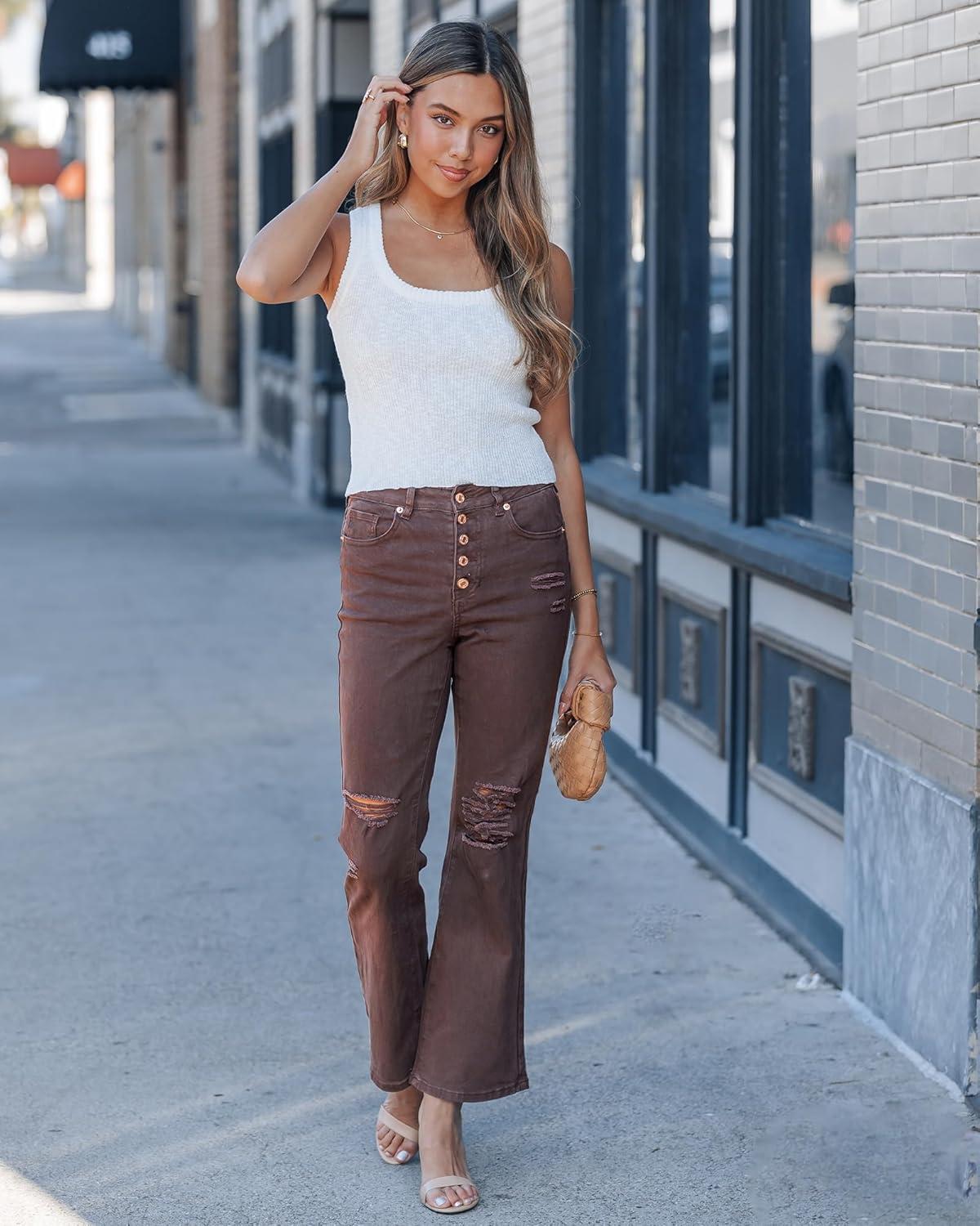 imageLookbookStore High Waisted Ripped Flare Jeans for Women Distressed Bell Bottom Jeans Wide Leg PantsChocolate Brown
