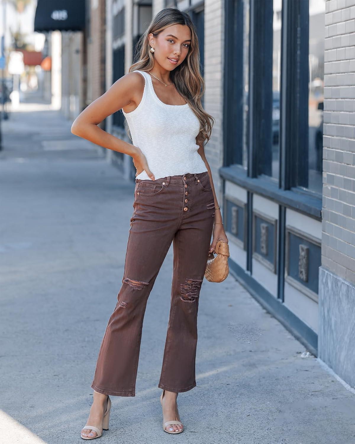 imageLookbookStore High Waisted Ripped Flare Jeans for Women Distressed Bell Bottom Jeans Wide Leg PantsChocolate Brown