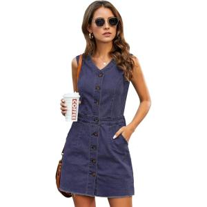LookbookStore Women Sleeveless V Neck Button Down Frayed Hem Short Denim Dress(Navy Blue)
