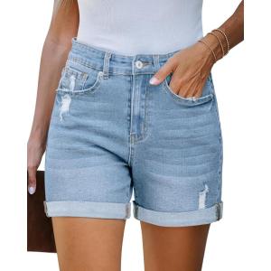 LookbookStore Women’s High Waisted Rolled Hem Distressed Jeans Ripped Denim Shorts(Cool Blue)