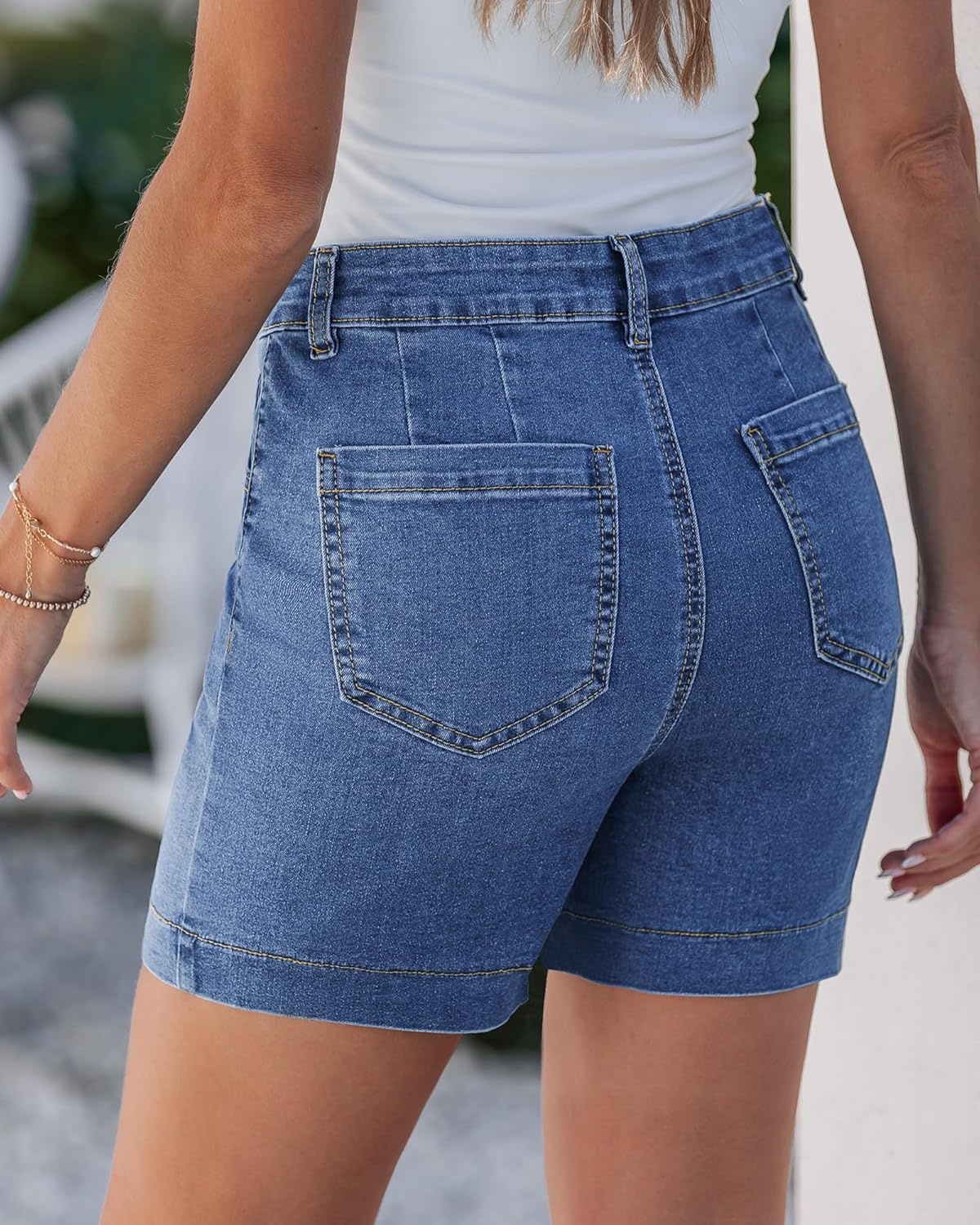 image:imageLookbookStore Jean Shorts for Women Summer High Waisted Stretchy Denim Shorts Trendy 5 Inch Inseam Jorts with PocketsMedium Blue