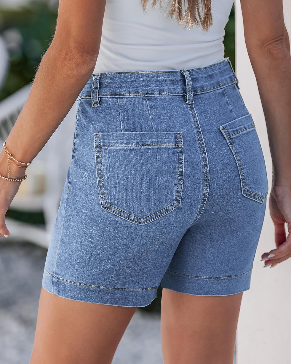 image:imageLookbookStore Jean Shorts for Women Summer High Waisted Stretchy Denim Shorts Trendy 5 Inch Inseam Jorts with PocketsSeaside Blue