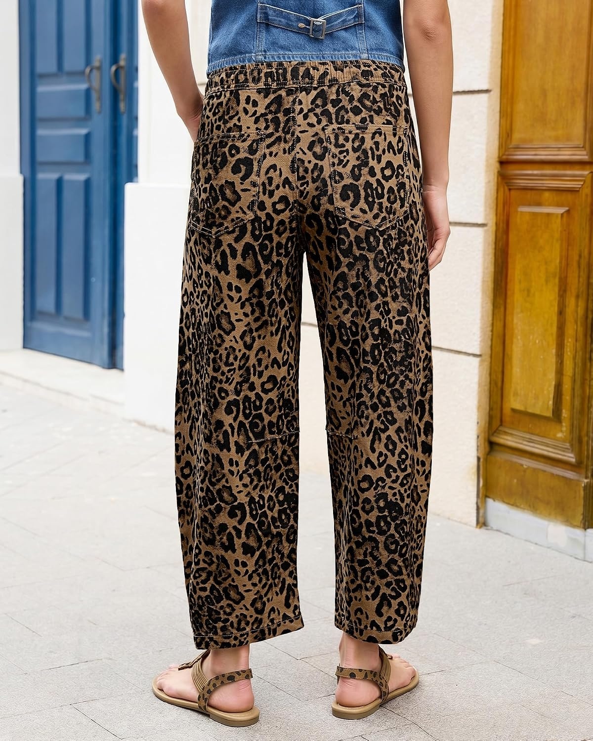 image:imageLookbookStore Barrel Jeans Women Leopard Pants Trendy High Waisted Pull On Wide Leg Stretchy Cropped Cheetah Print PantsBronze Leopard