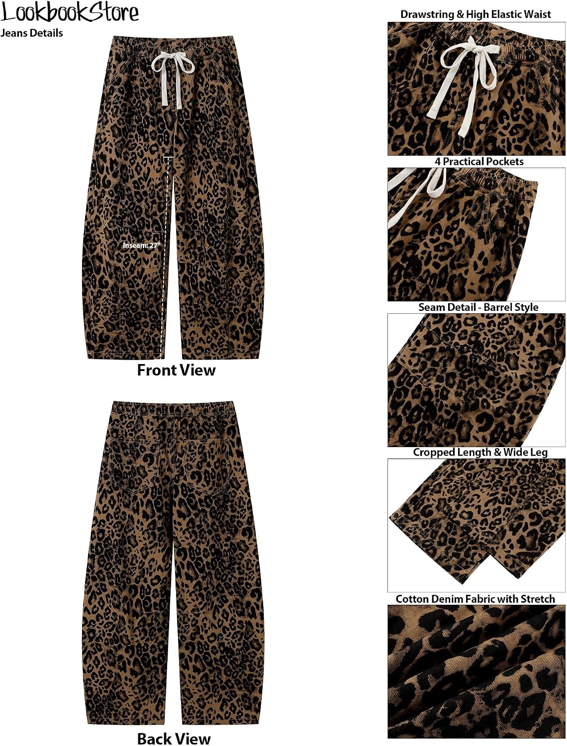 image:imageLookbookStore Barrel Jeans Women Leopard Pants Trendy High Waisted Pull On Wide Leg Stretchy Cropped Cheetah Print PantsBronze Leopard