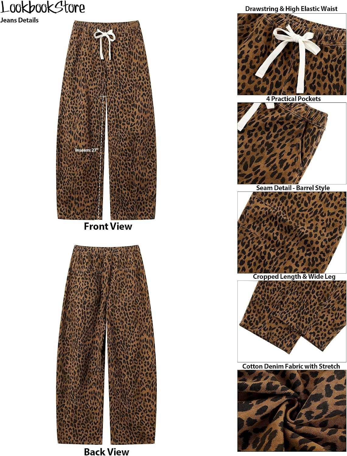 image:imageLookbookStore Barrel Jeans Women Leopard Pants Trendy High Waisted Pull On Wide Leg Stretchy Cropped Cheetah Print PantsBrown Cheetah