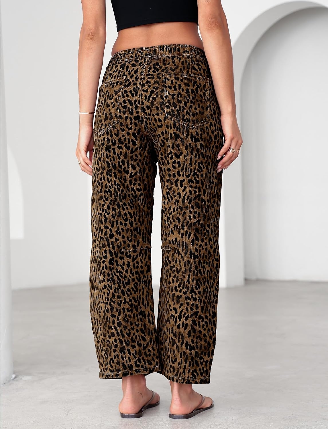 image:imageLookbookStore Barrel Jeans Women Leopard Pants Trendy High Waisted Pull On Wide Leg Stretchy Cropped Cheetah Print PantsBrown Cheetah