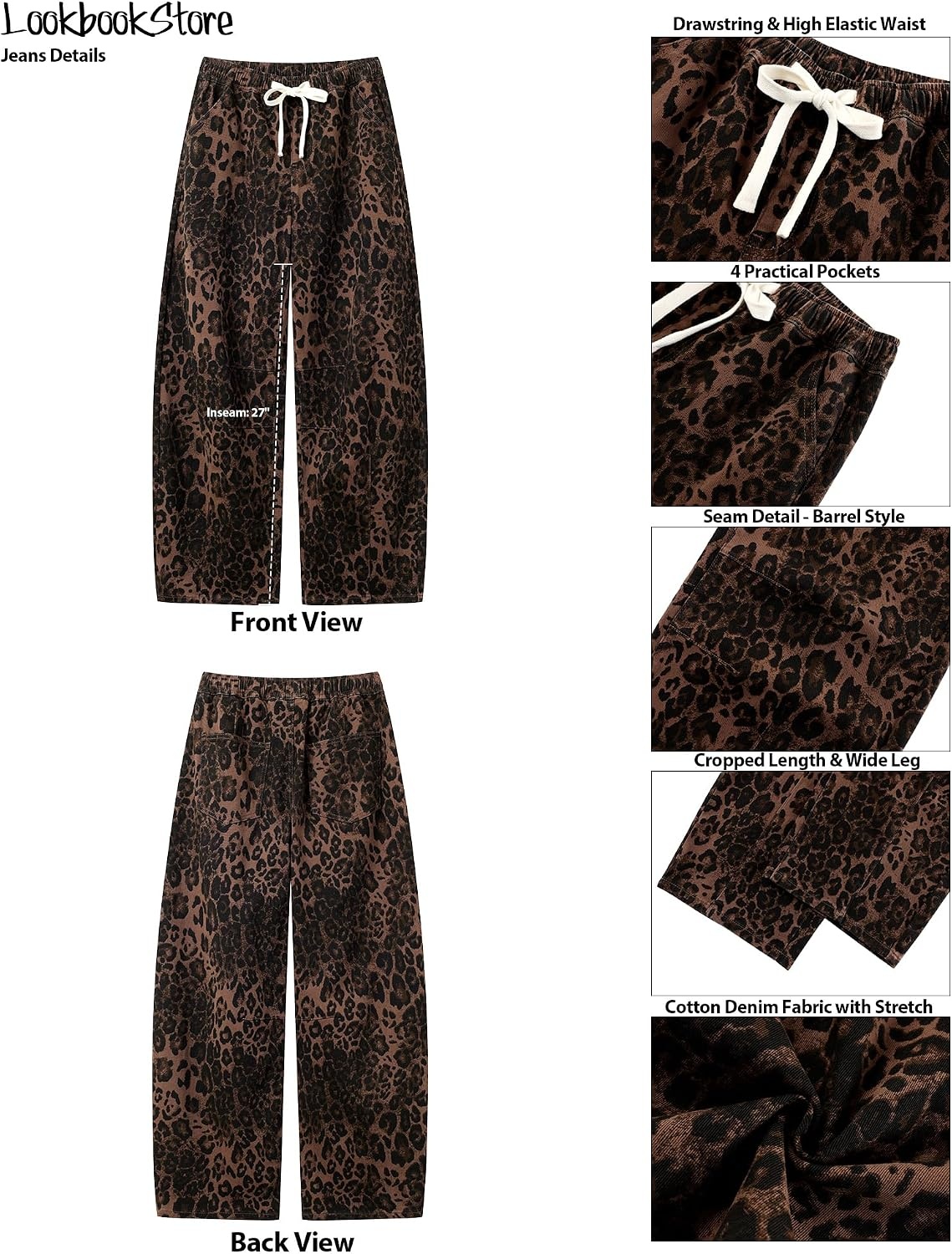 image:imageLookbookStore Barrel Jeans Women Leopard Pants Trendy High Waisted Pull On Wide Leg Stretchy Cropped Cheetah Print PantsBrown Leopard