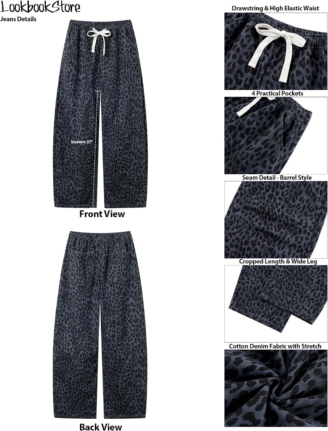image:imageLookbookStore Barrel Jeans Women Leopard Pants Trendy High Waisted Pull On Wide Leg Stretchy Cropped Cheetah Print PantsGray Cheetah
