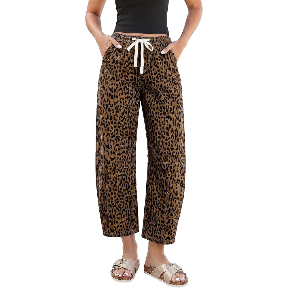 image:imageLookbookStore Barrel Jeans Women Leopard Pants Trendy High Waisted Pull On Wide Leg Stretchy Cropped Cheetah Print PantsBrown Cheetah