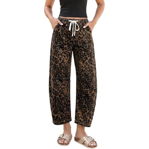 LookbookStore Barrel Jeans Women Leopard Pants Trendy High Waisted Pull On Wide Leg Stretchy Cropped Cheetah Print Pants(Bronze Leopard)
