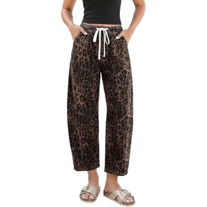 LookbookStore Barrel Jeans Women Leopard Pants Trendy High Waisted Pull On Wide Leg Stretchy Cropped Cheetah Print Pants(Brown Leopard)