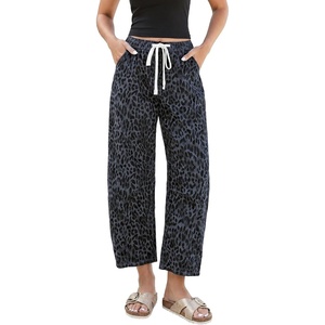 LookbookStore Barrel Jeans Women Leopard Pants Trendy High Waisted Pull On Wide Leg Stretchy Cropped Cheetah Print Pants(Gray Cheetah)