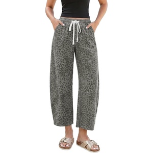 LookbookStore Barrel Jeans Women Leopard Pants Trendy High Waisted Pull On Wide Leg Stretchy Cropped Cheetah Print Pants(Gray Leopard)