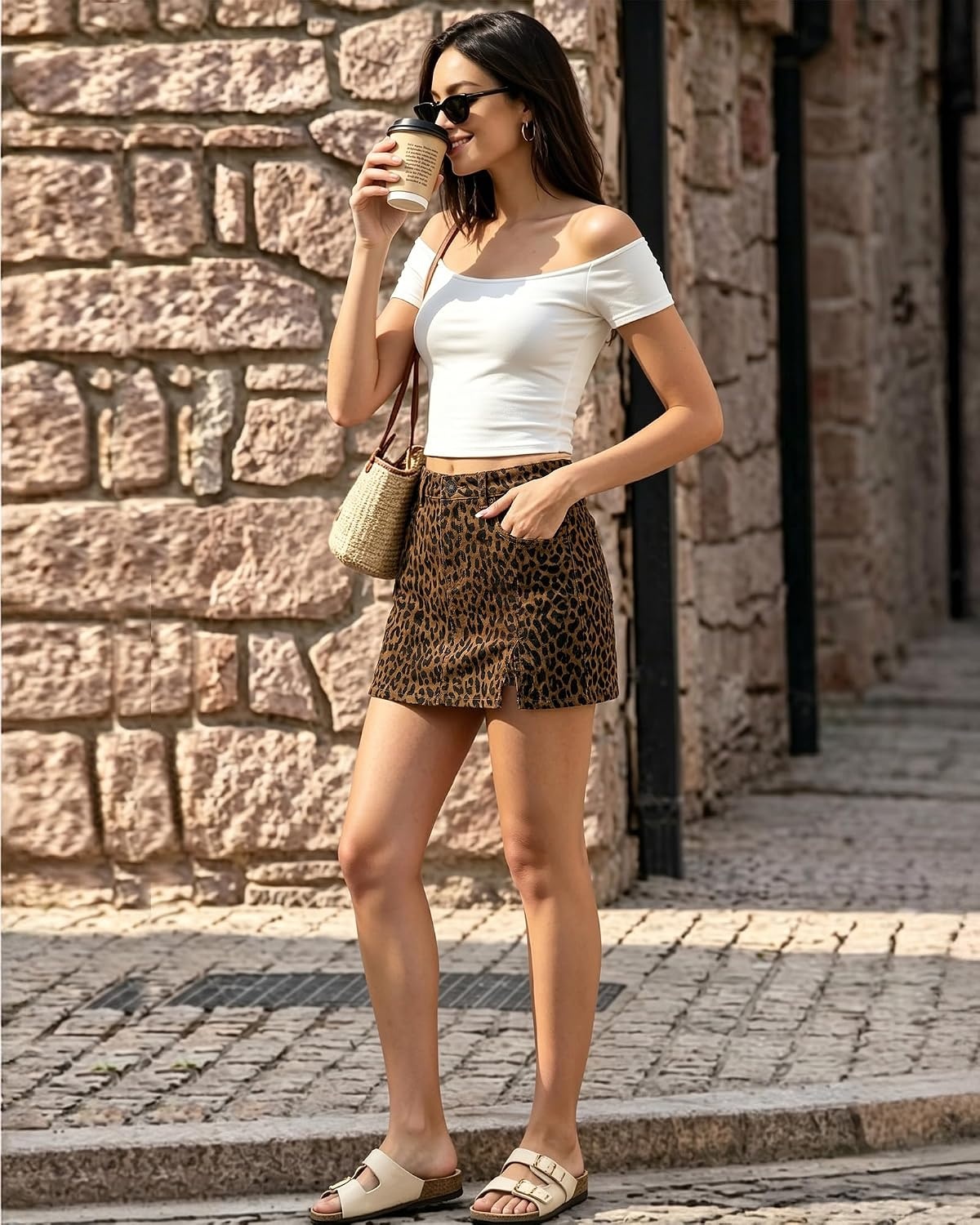 image:imageLookbookStore Denim Skorts for Woman Leopard Cheetah Print Mini Skirt with Shorts High Waisted Stretchy Slit Jean SkortBrown Cheetah