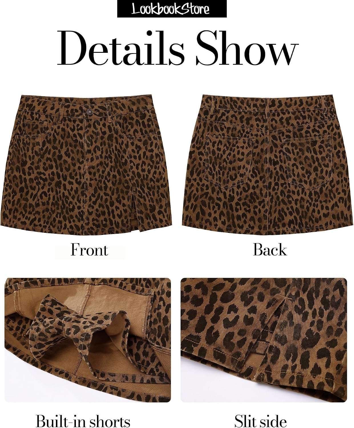 image:imageLookbookStore Denim Skorts for Woman Leopard Cheetah Print Mini Skirt with Shorts High Waisted Stretchy Slit Jean SkortBrown Cheetah