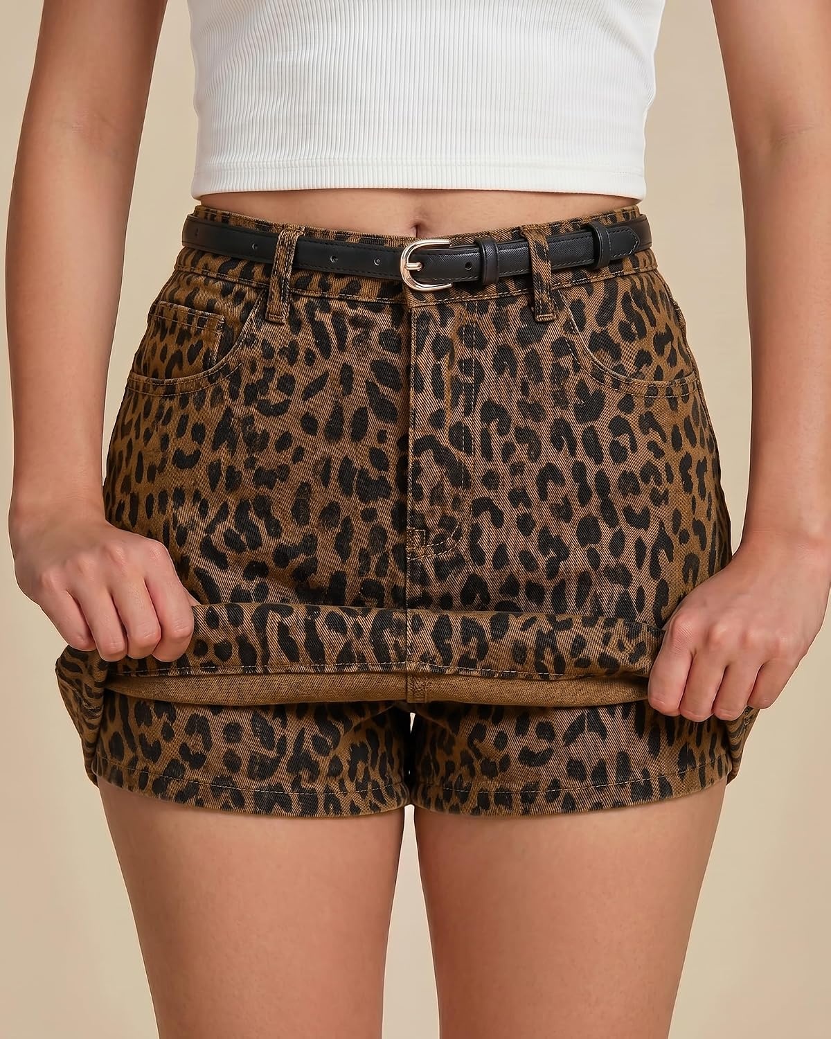 image:imageLookbookStore Denim Skorts for Woman Leopard Cheetah Print Mini Skirt with Shorts High Waisted Stretchy Slit Jean SkortBrown Cheetah