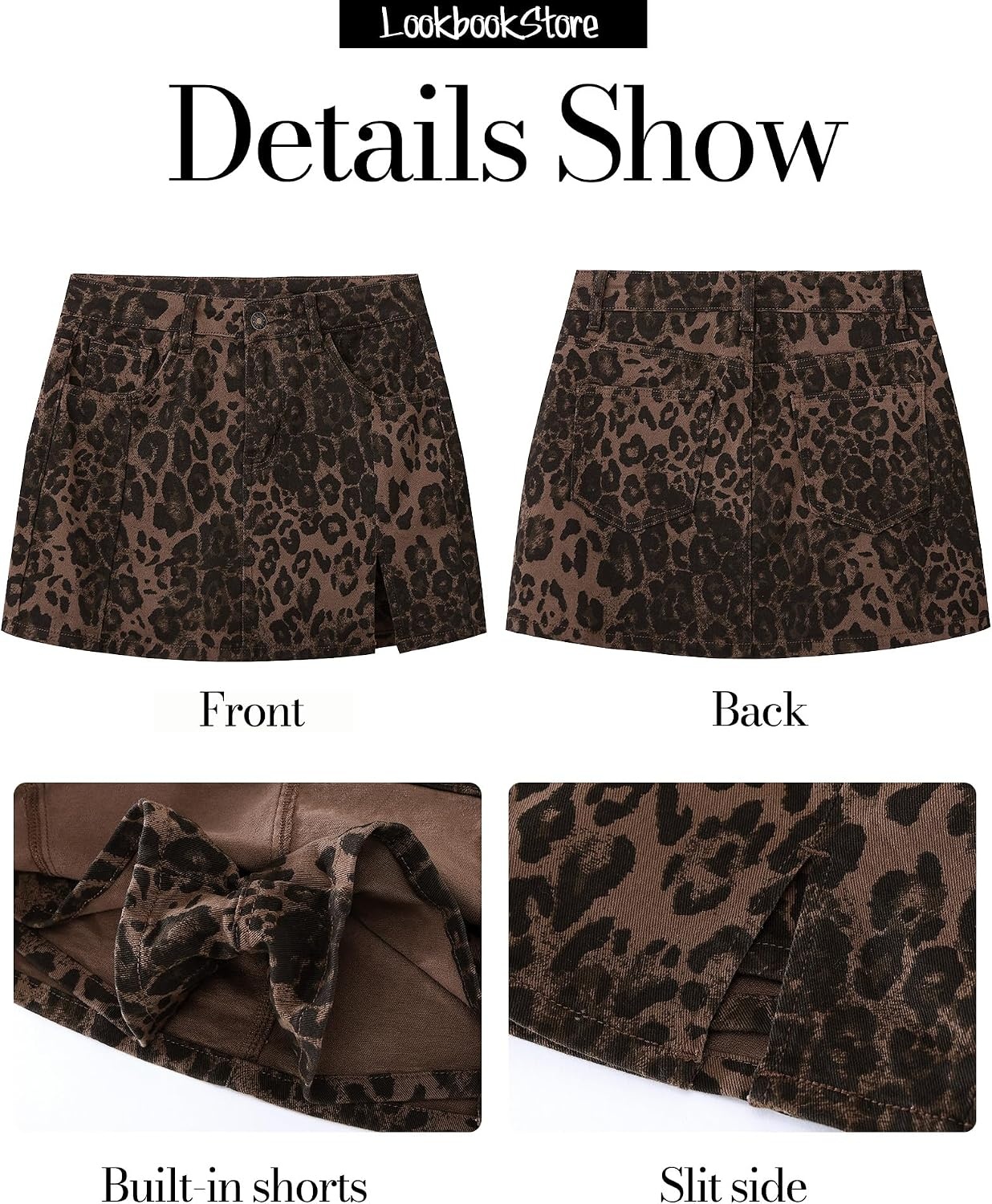 image:imageLookbookStore Denim Skorts for Woman Leopard Cheetah Print Mini Skirt with Shorts High Waisted Stretchy Slit Jean SkortBrown Leopard