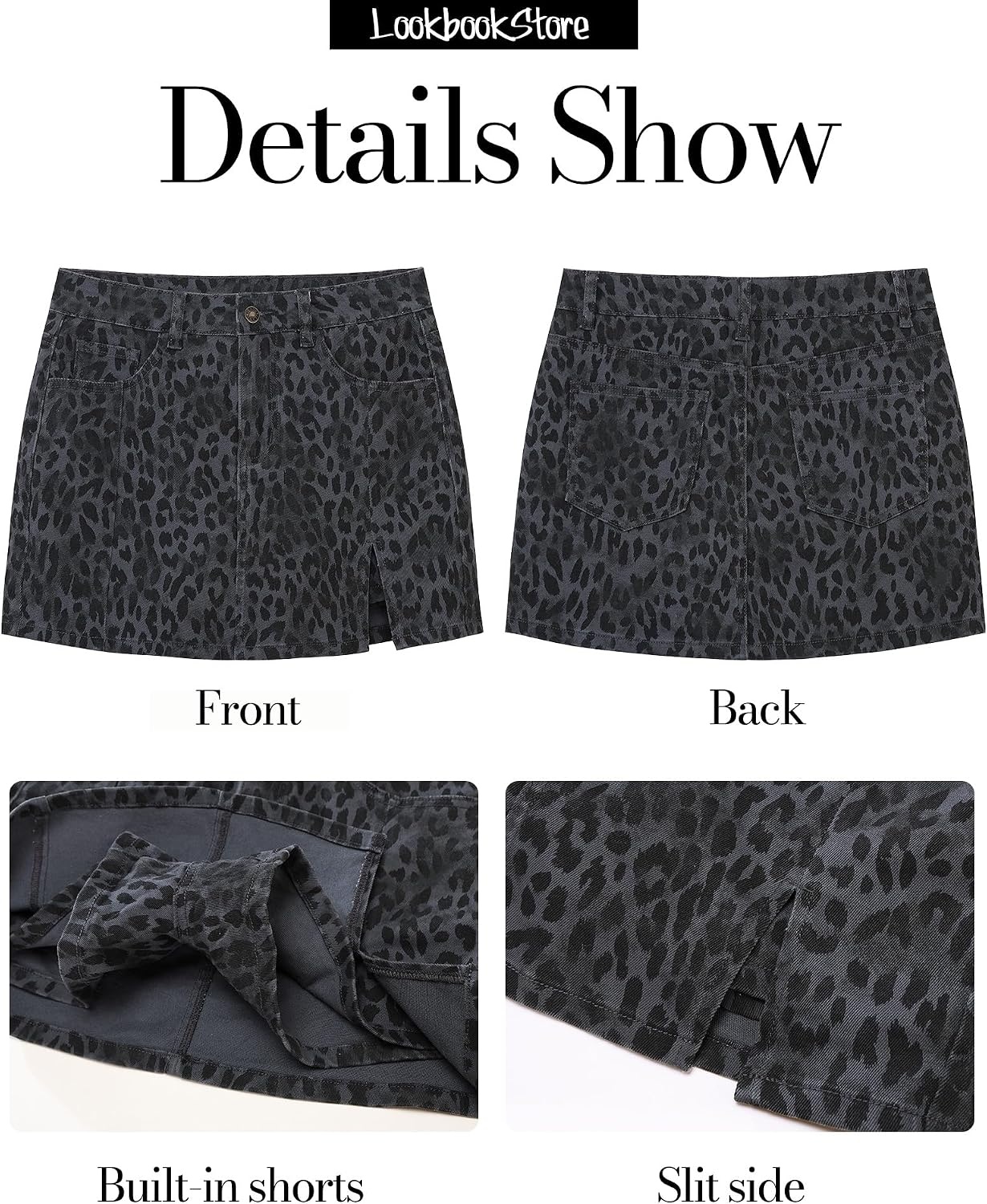 image:imageLookbookStore Denim Skorts for Woman Leopard Cheetah Print Mini Skirt with Shorts High Waisted Stretchy Slit Jean SkortGray Leopard
