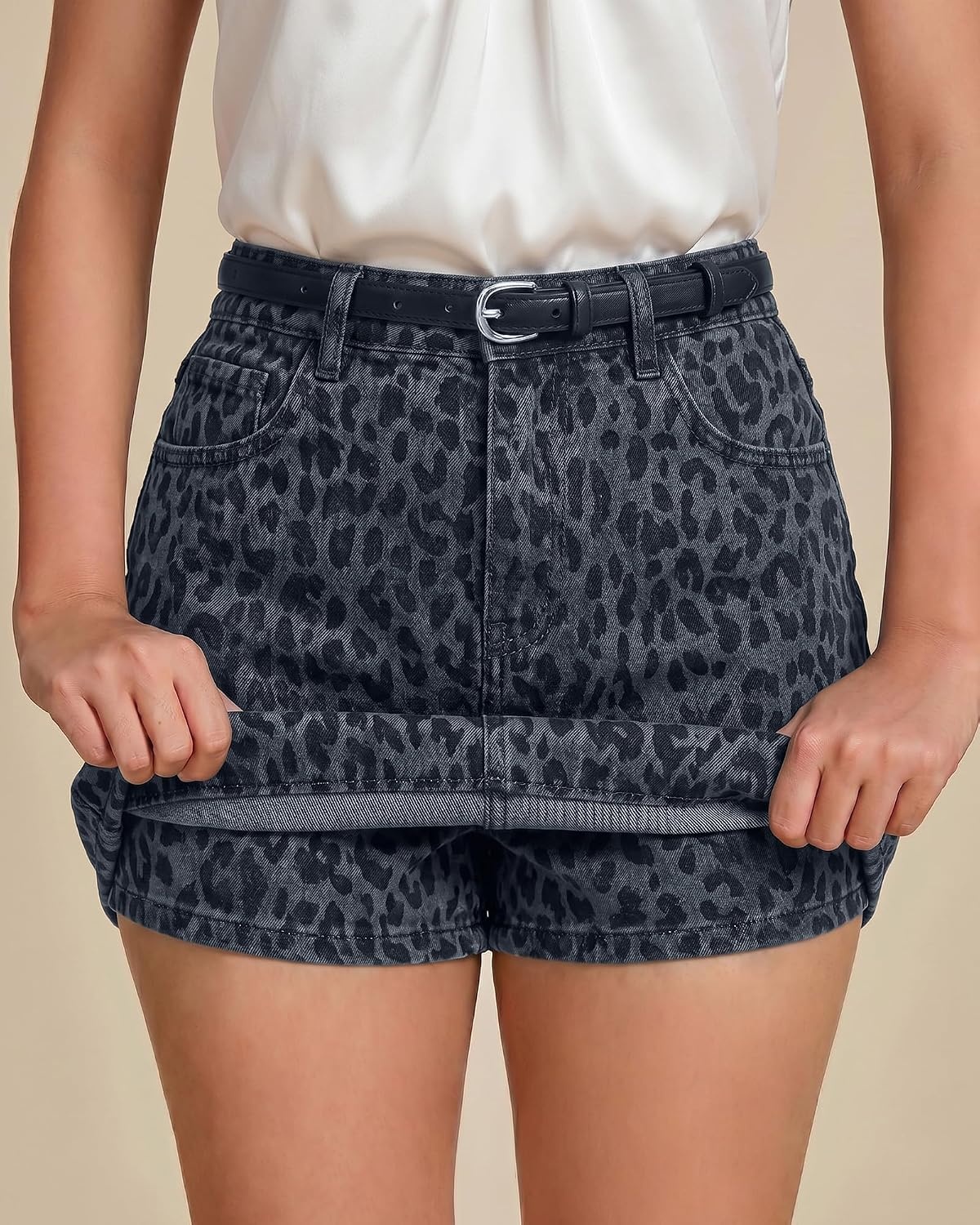 image:imageLookbookStore Denim Skorts for Woman Leopard Cheetah Print Mini Skirt with Shorts High Waisted Stretchy Slit Jean SkortGray Leopard