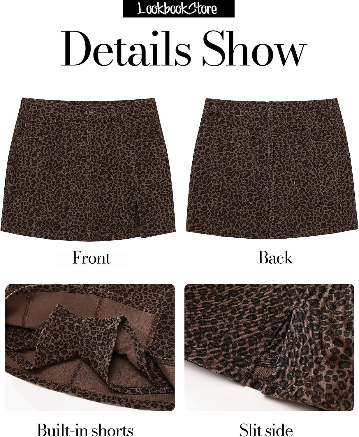 image:imageLookbookStore Denim Skorts for Woman Leopard Cheetah Print Mini Skirt with Shorts High Waisted Stretchy Slit Jean SkortMini Brown Leopard