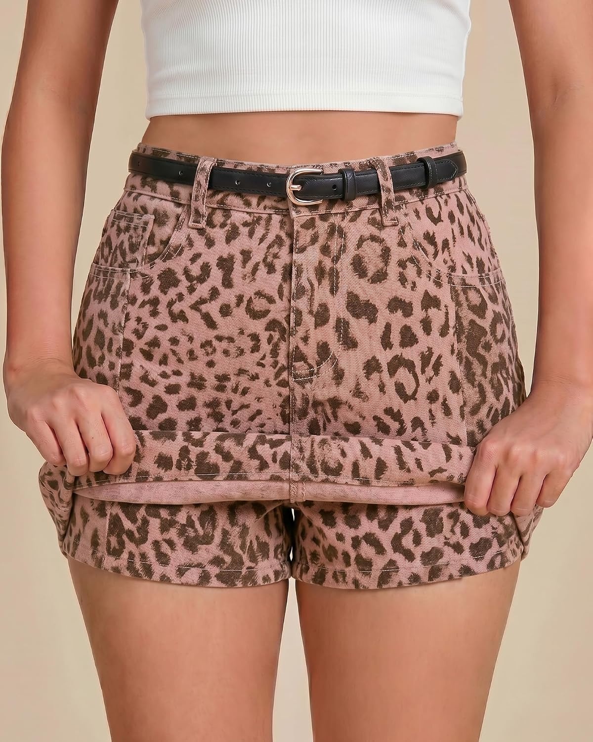 image:imageLookbookStore Denim Skorts for Woman Leopard Cheetah Print Mini Skirt with Shorts High Waisted Stretchy Slit Jean SkortPink Leopard