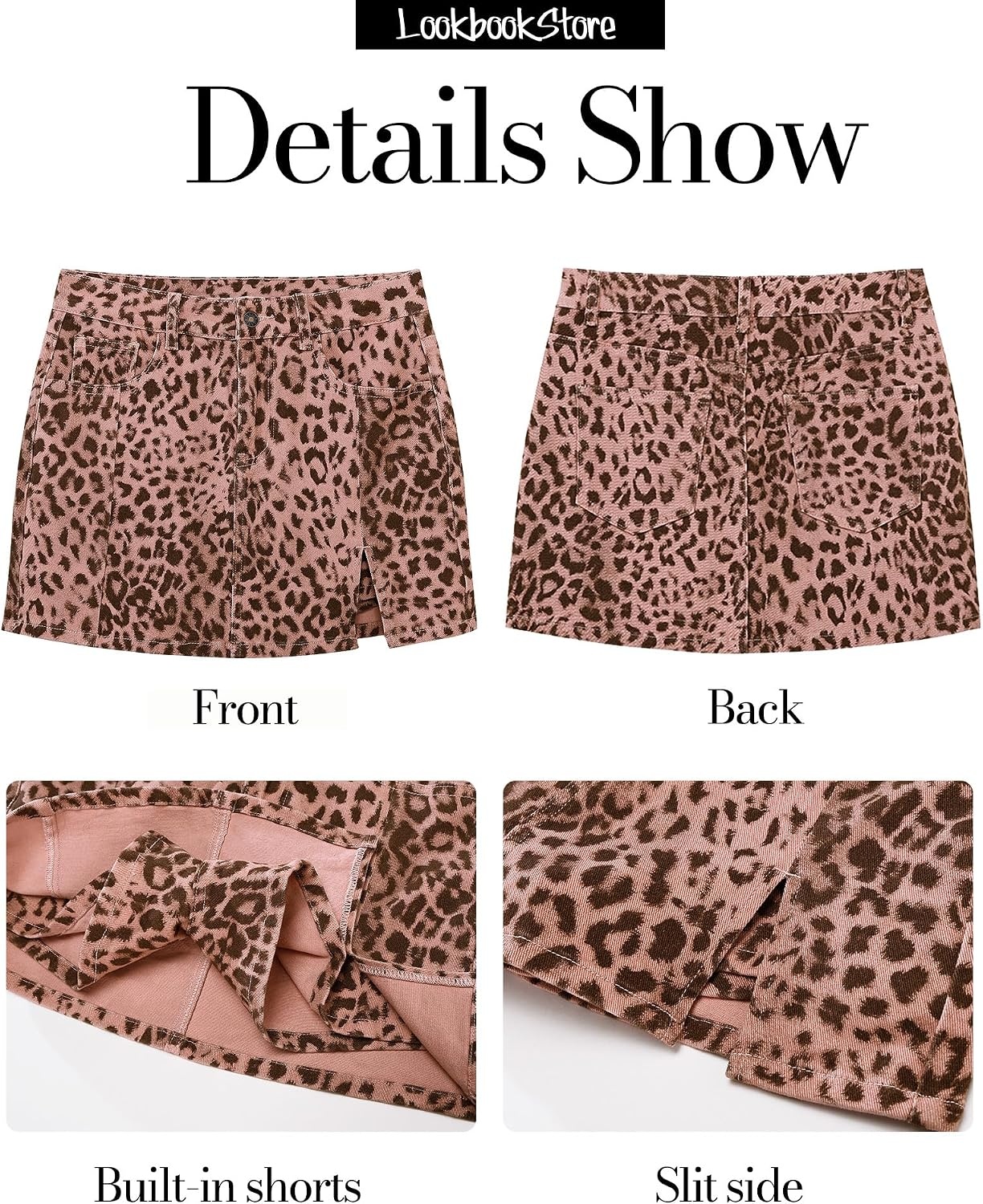 image:imageLookbookStore Denim Skorts for Woman Leopard Cheetah Print Mini Skirt with Shorts High Waisted Stretchy Slit Jean SkortPink Leopard
